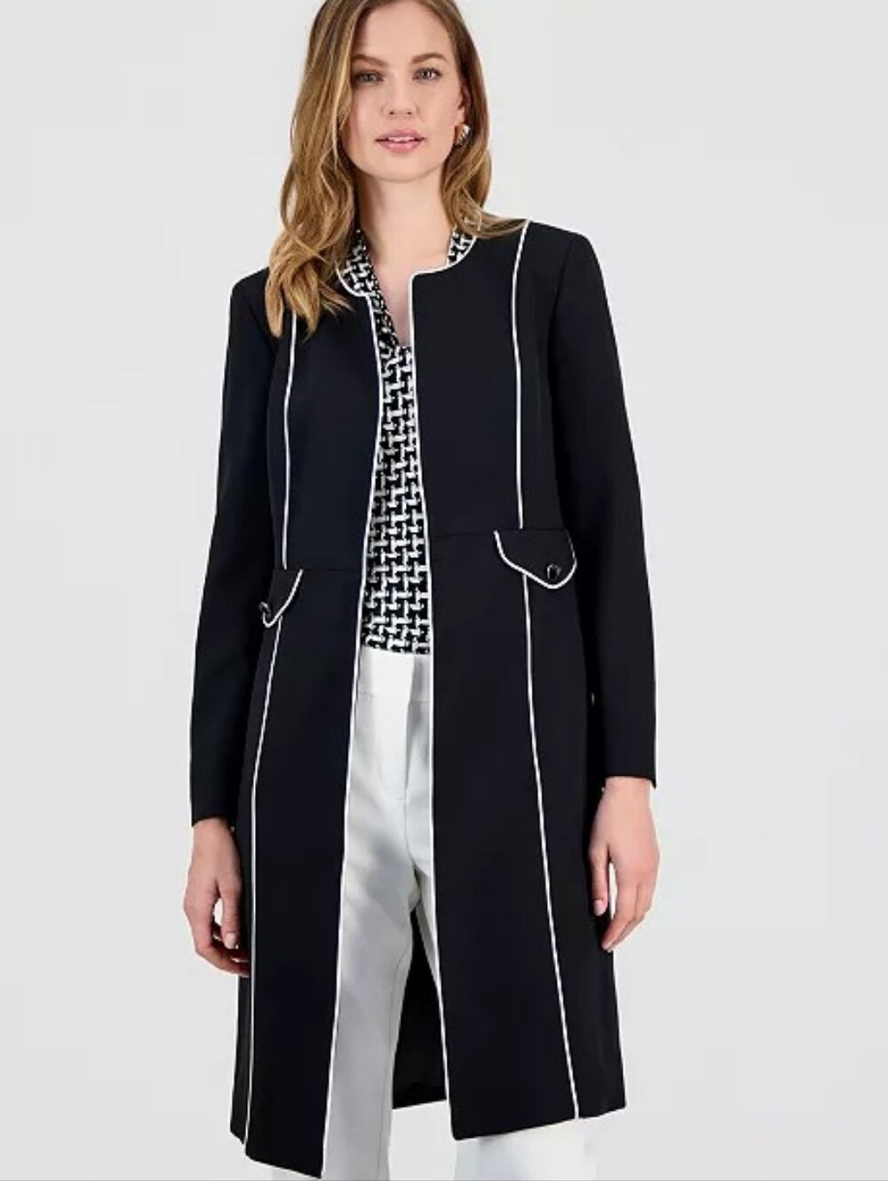 NWT Kasper Women's 14W Stretch Crepe Piping-Trim Long Jacket Corded Topper